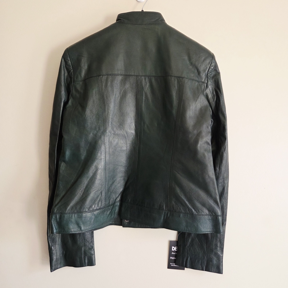 Women's Dark Green Leather Jacket - Vintage Made In Turkey - Picture 2 of 6